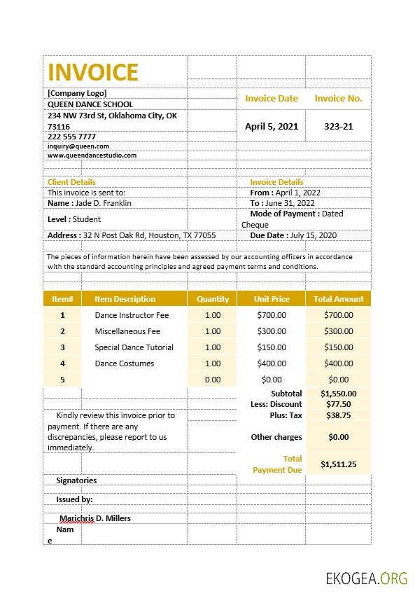 Modèle de facture d'école de danse